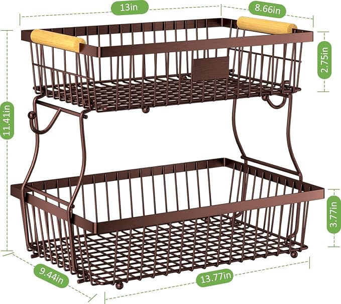 2 Tier Fruit Basket for Kitchen Counter with 2 Banana Hangers, Countertop Metal Bread Basket with Wooden Handle, Large Storage Stand for Vegetables, Snacks, Eggs, Produce Storage – Brown