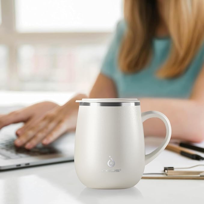 Ideus 16 oz Insulated Coffee Mug with Handle and Lid, Double Wall Stainless Steel Vacuum Thermal Coffee Mug, Travel Coffee Cup Thermal Cup for Home and Office, White