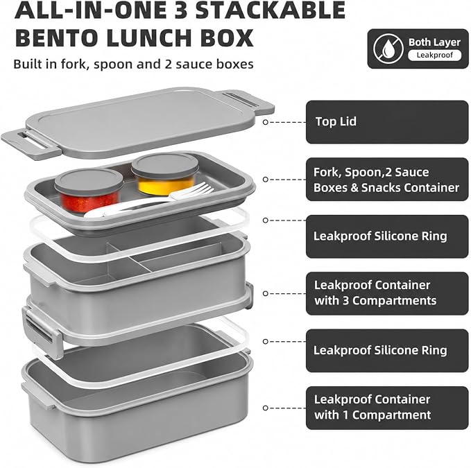 Adults Lunchbox Bento Box with Lunch Bag- 74 OZ All-in-One Stackable Lunch Box for Adults Kids Women Men Leakproof Bento Large Lunch Box Containers with Fork Spoon Sauce Box for Work School (Grey)