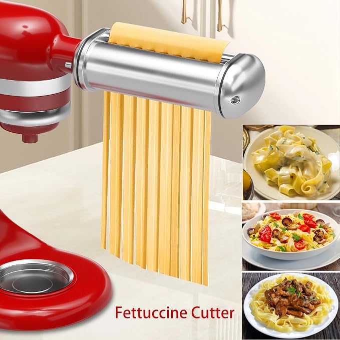 Pasta Maker Attachment for All Kitchenaid Stand Mixers, 3 PCS Kitchen Aid Pasta Attachments Included Pasta Dough Roller, Fettuccine Cutter, Spaghetti Cutter and Cleaning Brush