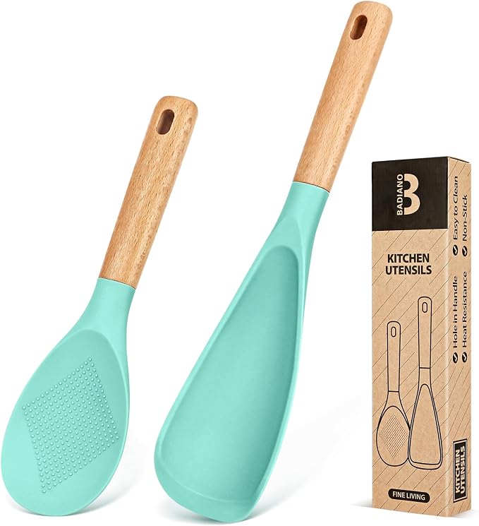 Cooking Spoon and Rice Scooper for Nonstick Cookware,Multi-function | Great for Cooking and Serving, Sturdy BPA-Free Matte Silicone, Wood Handle Spoon for Mixing, Scoop, and Scrape,9.3"+14.3"