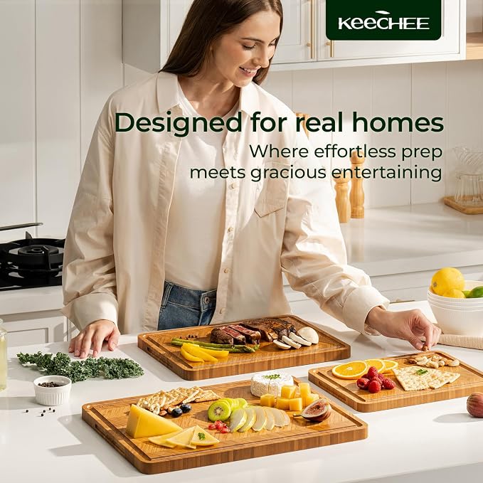 Keechee Bamboo Cutting Board, Reversible Wood Cutting Boards for Kitchen with Juice Grooves, Atelier Collection Handcrafted Large Serving Tray, Luxury Housewarming Wedding Gifts for New Home