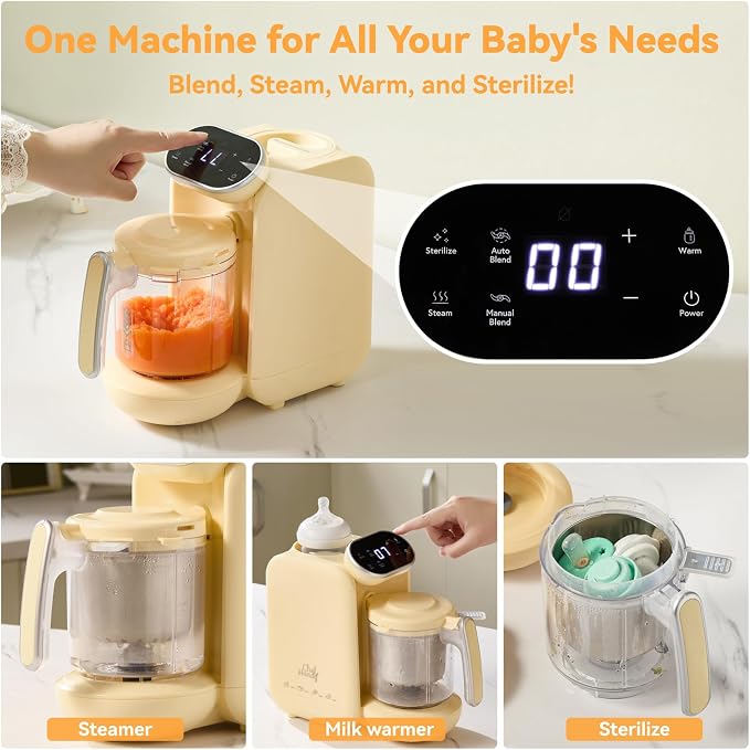 Chefhandy Baby Food Maker, One-Step Steamer & Blender, Yellow | Stainless steel basket, BPA-free food-contact parts, Adjustable texture, Homemade baby meals, 6 food pouches, Recipe guide