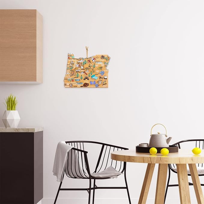 Totally Bamboo Oregon State Shaped Cutting Board, Art by Fish Kiss | State charcuterie board with colorful hand-drawn map artwork. Smooth reverse side for food prep. Hang tie for wall display.