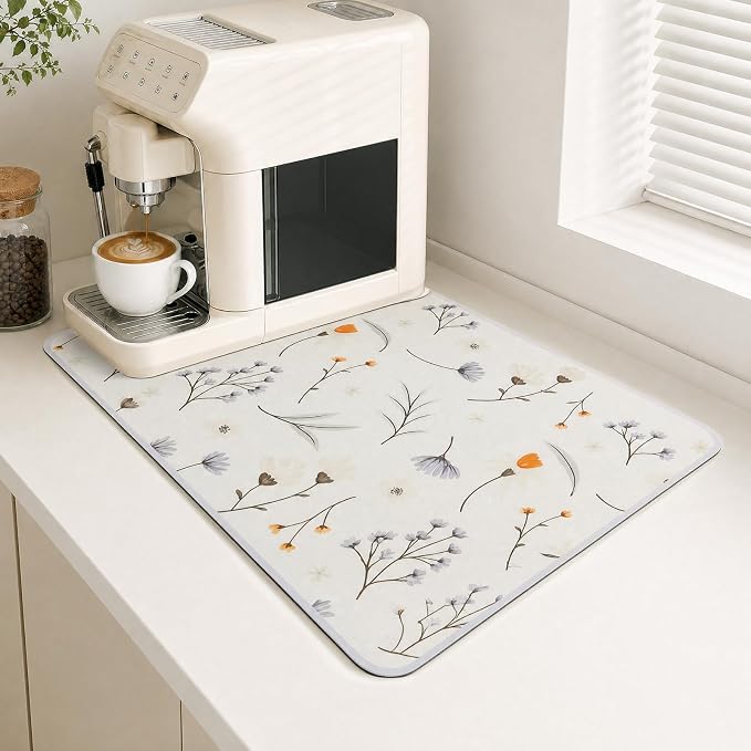 Coffee Mat Dish Drying,Non-Slip Easy Clean Sink Mat,Heat-resistant ,Fit Under Coffee Maker, Espresso Machine, Pot, Dish Rack (White petals, 16"x24")