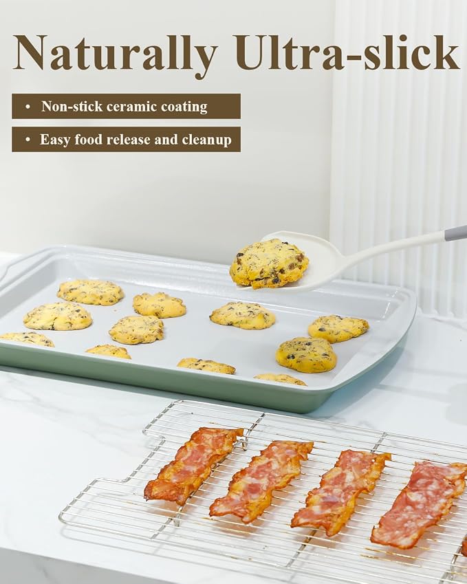 Nonstick Crisp Baking Tray With Wire Rack, Ceramic Coating Jelly Roll 15x10 Cookie Sheet Pan, Non-Toxic, PTFE & PFOA Free, Oven Safe 550°F, Dishwasher Safe, Aluminized Steel, Pistachio Green