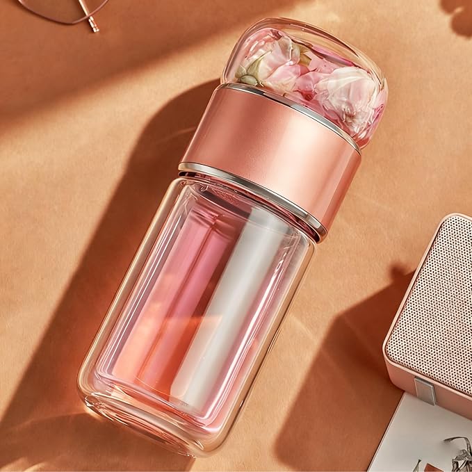 Yosoo Health Gear Tea Infuser Bottle 420ml Double Layer Stainless Steel Leak Proof Separating Bottle Reusable Glass Water Bottle for Office Travel Home Rose Gold