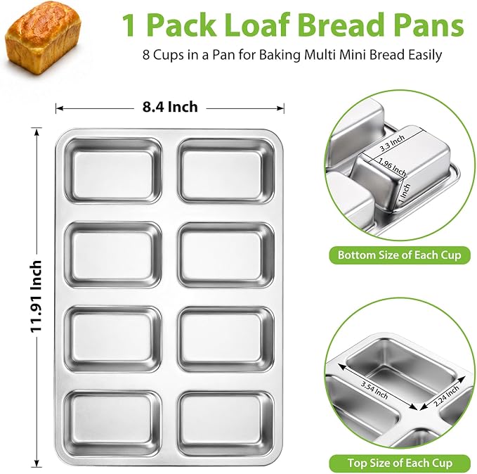 P&P CHEF 8 Cavities Mini Loaf Pans, Loaf Bread Pan for Baking Bread,1 Pc | Mini Bread Pans Tins for Even Baking, Healthy & Non Toxic, Oven Safe & Dishwasher Safe , For Bread Meatloaf Cake Brownies