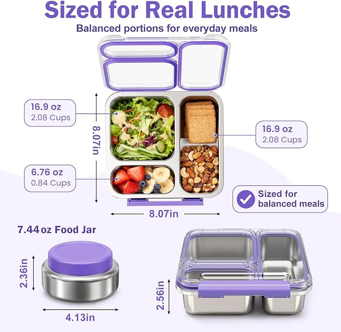 Pawtong Stainless Steel Bento Box Kids Adult with 7oz Insulated Food Jar, Transparent Lid Metal Lunch Box With Soup Thermal Jar, Lunch Box Container with Removable Divider & Sauce Cup School (Purple)