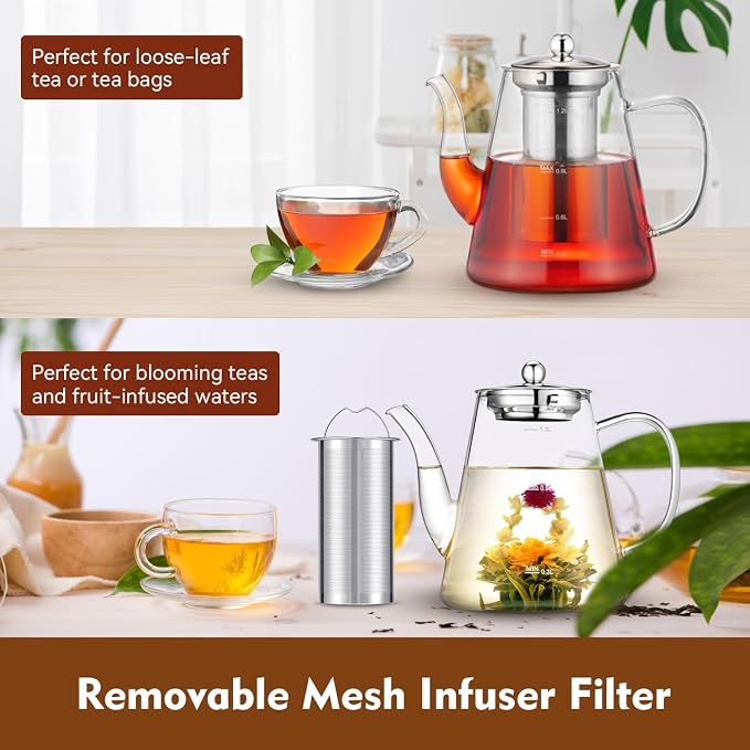 Glass Teapot, 1200ml (40oz) Tea Pot with Infuser for Loose Tea and Blooming Tea, Stovetop Safe Tea Kettle, Hand Crafted Borosilicate Glass Tea Maker with Scale Line, Tea Gift Set for Tea Lovers