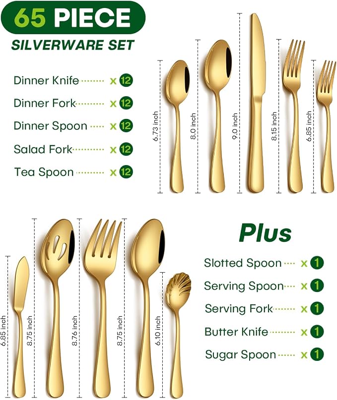 PHILIPALA 65 Piece Gold Silverware Set with Serving Utensils, Stainless Steel Flatware Set for 12 Food Grade Novelty Cutlery Utensil Set Include Knife Fork Spoon Mirror Polished Dishwasher Safe