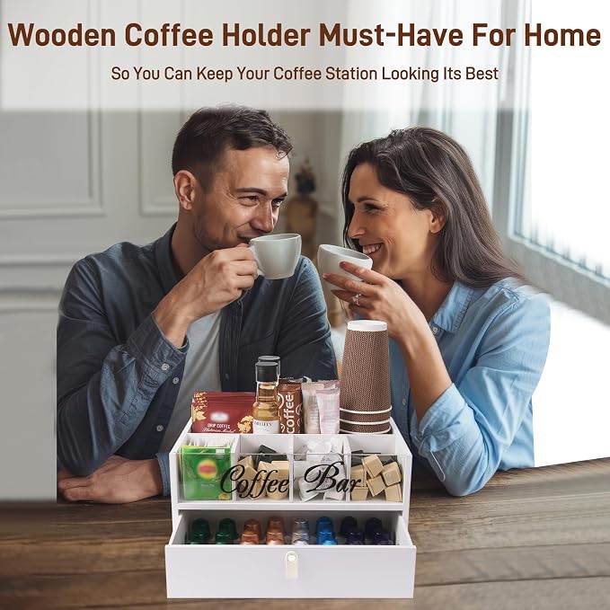2-Tier Coffee Bar Organizer with Clear Acrylic Top, Built-in Drawer and Leather Handle Pull for Countertop, Stylish Coffee Station Storage Box for Accessories, Pods, Great Gifts for Home