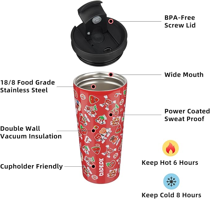 BJPKPK 22 oz Coffee Tumbler with Straw, Insulated Stainless Steel Cup | Double Wall Vacuum, Leak Proof Lid, Keeps Hot/Cold/Iced, BPA Free, Cupholder Friendly, Travel, Passionate-Red