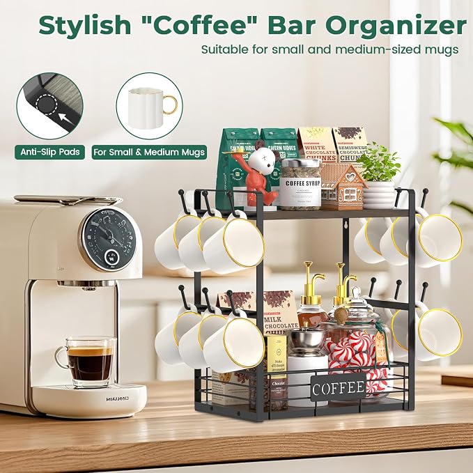 EsLuker.ly Coffee Mug Cup Holder Tree Bar Station Organizer, 2 Tier Brown | Mug Stand Rack for Countertop Kitchen, Storage Tower Display Shelf with 12 Hooks, Coffee Nook Enhancer