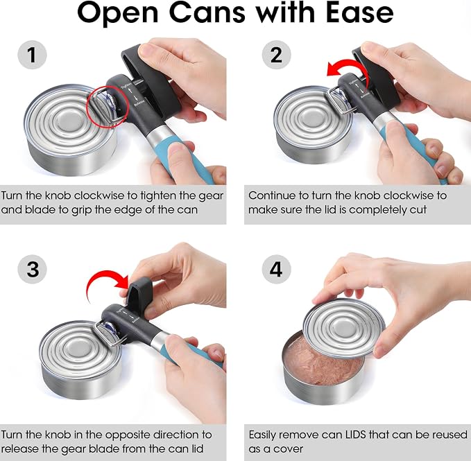 Beneno Can Opener, Manual Side Safe Cut Can Opener Smooth Edge, Aqua | Durable Sharp DC53 Steel Cutting Blade, Clean Cut with no Sharp Can Edges, Big Effort-Saving Knob, Comfortable Non-Slip Grip