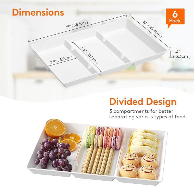 Lifewit Divided Serving Tray for Party, 6 Pack Plastic Food Serving Platter | 15" x 10" White Reusable Fruit and Veggie Tray, Catering Dishes for Dessert, Snacks, Entertaining, Holiday Hosting Essentials