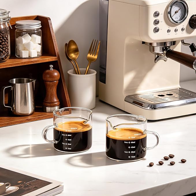 Espresso Cups Set of 2: Espresso Machine Accessories - Dual Scale Glass Measuring Cup and Espresso Shot Cups - Essential Coffee Bar Accessories - 4oz Glass Espresso Cup Set with Handled and Spout