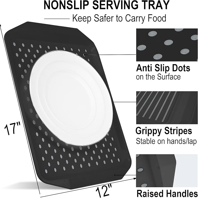 Czlizdyt Non Slip Serving Tray with Handles Food Trays for Eating on Couch | Lap Trays for Breakfast Dinner Snack Fruit Appetizers Beverage, Rectangular, Set of 2, White & Black