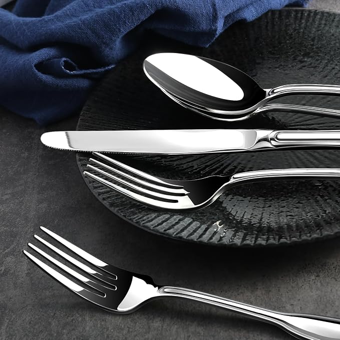Silverware Set for 12, 60 Piece Boston Style Stainless Steel Flatware Set | Mirror Polished Utensils Spoons and Forks Set for Kitchen，Dishwasher Safe