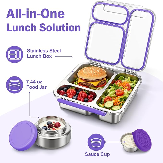 Pawtong Stainless Steel Bento Box Kids Adult with 7oz Insulated Food Jar, Transparent Lid Metal Lunch Box With Soup Thermal Jar, Lunch Box Container with Removable Divider & Sauce Cup School (Purple)