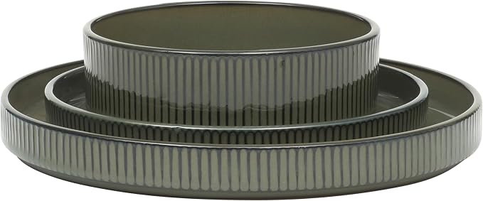 Gibson Elite 12 Piece (Service for 4) Townscape Plates and Bowls Reactive Glaze Embossed Round Dishes Terracotta Ceramic Dinnerware Set - Dark Green