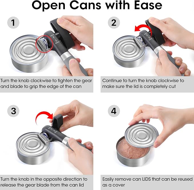 Beneno Can Opener, Manual Side Safe Cut Can Opener Smooth Edge, Gray | Durable Sharp DC53 Steel Cutting Blade, Clean Cut with no Sharp Can Edges, Big Effort-Saving Knob, Comfortable Non-Slip Grip