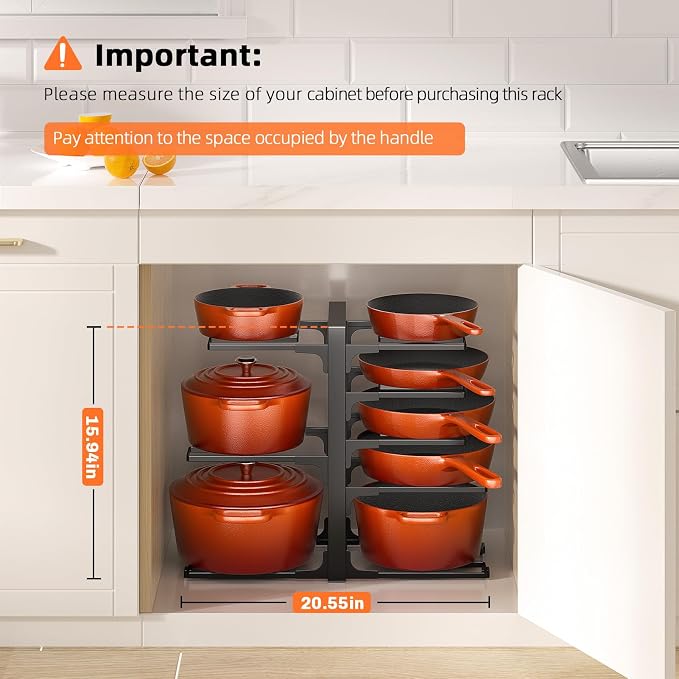 MUDEELA 8-Tier Pots and Pans Organizer under Cabinet, 15.9" H Heavy-duty | 120LBS capacity, 2 Installation Options, Adjustable pot rack holds cast-iron pans, skillets, griddles and shallow pot