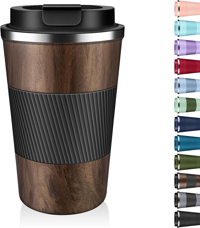 Insulated Coffee Tumbler 12 oz, Stainless Steel Coffee Mug with Lids, Travel Coffee Mug Leak Proof, Double Wall Vacuum Insulated Reusable Coffee Cup, Keep Drinks Hot and Cold (Wood, 12 Ounces)