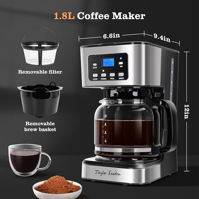 Taylor Swoden 12-Cup Programmable Coffee Maker, Black & Stainless Steel | Regular & Strong Brew Drip Coffee Machine for Home and Office, 24H Timer, Glass Carafe, Pause & Serve, Auto Shut Off