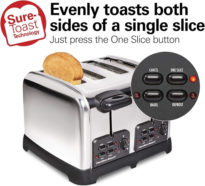 Hamilton Beach Retro 4 Slice Toaster With Sure-Toast Technology, Wide Slots | Browning Control With 9 Shades | Auto Shutoff | Bagel, Defrost, Cancel | Toast Boost | Polished Stainless Steel | 24782G