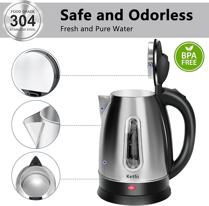 Stainless Steel Electric Kettle, 1.8 Liters Tea, Coffee Kettle & Hot Water Boiler, 360° Swivel Base, BPA Free, Auto Shut-Off, Boil-Dry Proof, 1100W