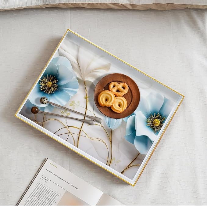 Serving Tray with Handles, 15.7 * 11.8 inches, Plastic Ottoman Tray with Exquisite Paintings, Trays for Coffee Table