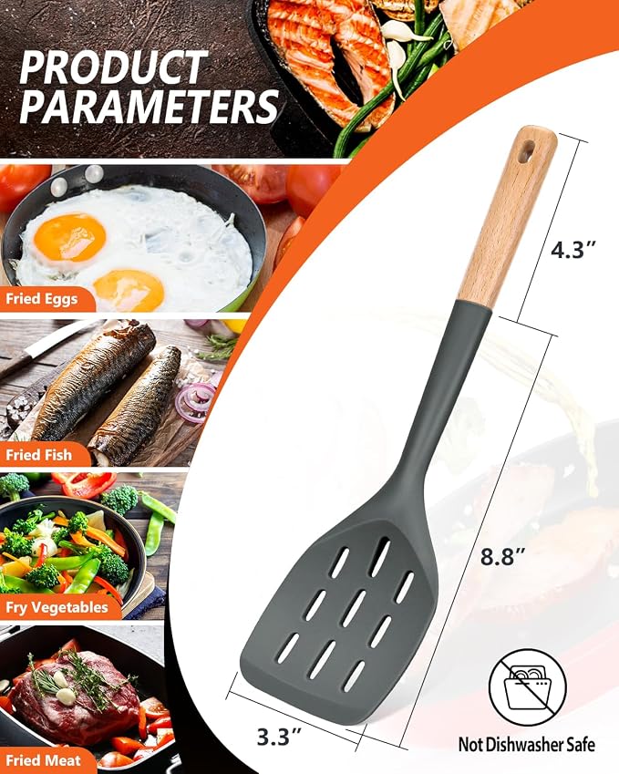 Silicone Spatula, Non Stick Turner for Cooking, Food Grade, Grey | Heat Resistant, Flexible Edge, 2 Pack Wooden Handle Kitchen Turner for Baking Mixing Grilling Serving Food