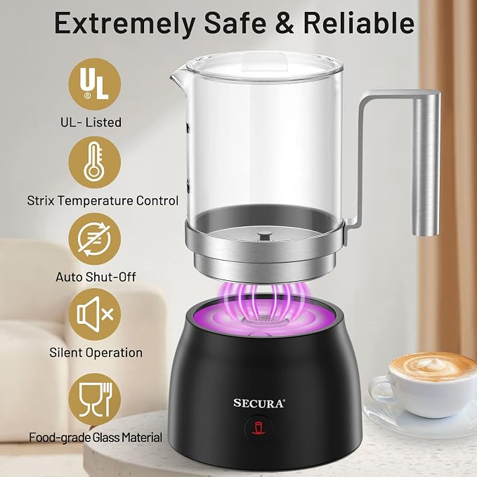 Secura Detachable Milk Frother and Steamer, 17oz Electric Milk Warmer 4-in-1 Hot/Cold Foam Maker for Latte, Cappuccinos, Macchiato, Hot Chocolate, Glass Milk Jug Dishwasher Safe | Detachable Dishwasher-Safe Jug, Fast & Quiet Frothing, 17oz Large Capaci...
