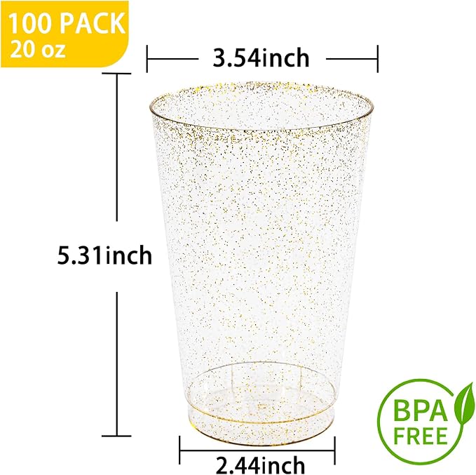 I00000 100 Pack 20 oz Gold Plastic Cups, Gold Glitter Cups Disposable Plastic Wine Glasses Cocktail Glasses Premium Cup, 20 Ounce Glitter Disposable Tumblers for Party & Wedding