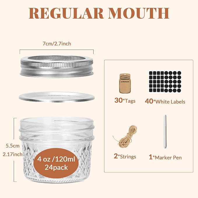 CycleMore Mason Jars 4 oz, 24 Pack Diamond Mini Glass Jars with Printed Silver Split Lids, Small Canning Jars for Caviar, Jam, Honey, Jelly, Party Favors and Gifts