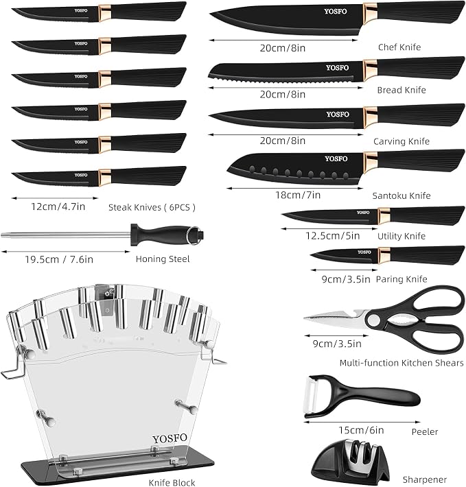 Kitchen Knife Set with Block, Knives Set with Acrylic Stand, 17Pcs Stainless Steel Cutlery Knife Block Set includes Serrated Steak Knives Set, Chef Santoku Knives, Scissor, Sharpener and Holder