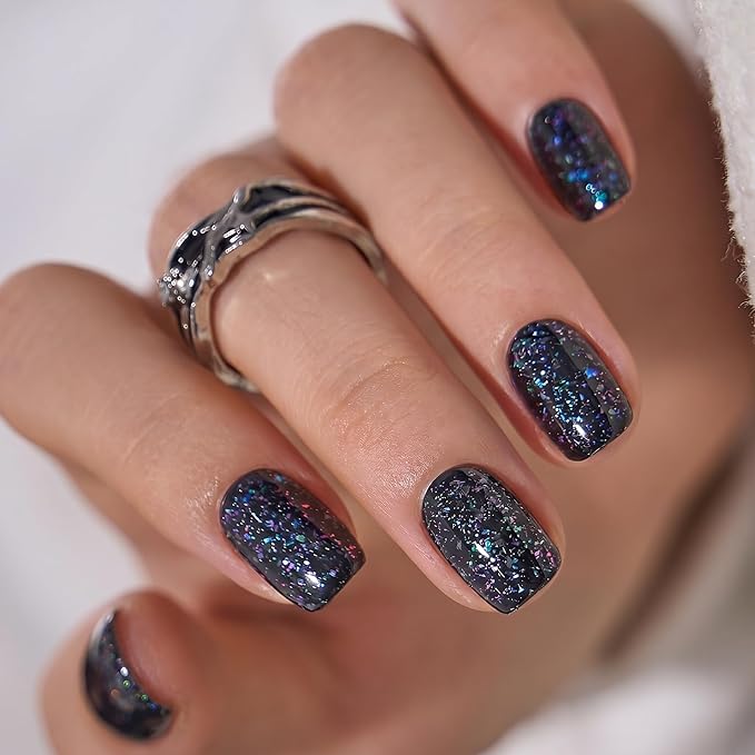 CurvLife Short Square Glitter Design Press On Nails, Midnight Prism Black | 32PCS, 16 Sizes, Salon-Quality Natural Fake Nails, Curved Fit, 7-14 Day Glue-On Wear, Reusable Stick-On Nails, Press-On Kit