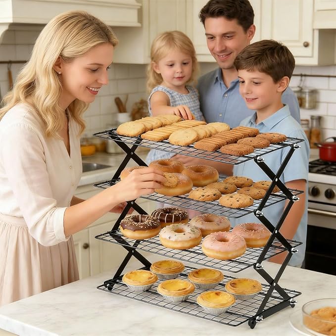 4 Tier Collapsible Cooling Rack with 3 Setting Design Adjustable ＆ Stackable Baking Rack, X-Shaped Structure Cooling Rack for Cooking and Baking, Cookies, Bread, Baking Must Haves