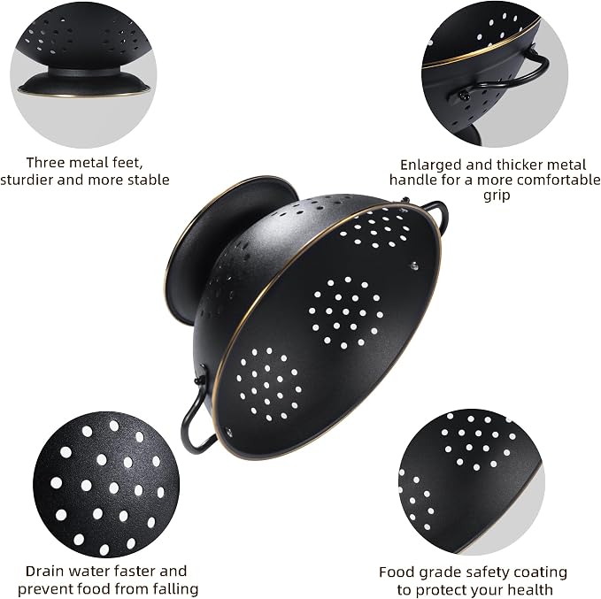 Metal Colander Set of 2, Strainer Basket with Handles perfect for Spaghetti, Pasta, Berry, Vegetable, Fruit, Solid Base Powder Coated Self-draining Kitchen Colander Bowel, 3.5 & 5 Qt, Matte Black