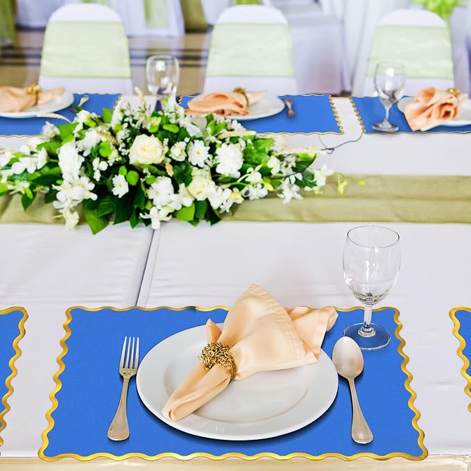 FoldTier 150 Pcs Disposable Paper Placemats Bulk 10"x14" Rectangle Place Mats with Scalloped Edges Dining Table Mat for Wedding Birthday Party Table Decoration(Blue)