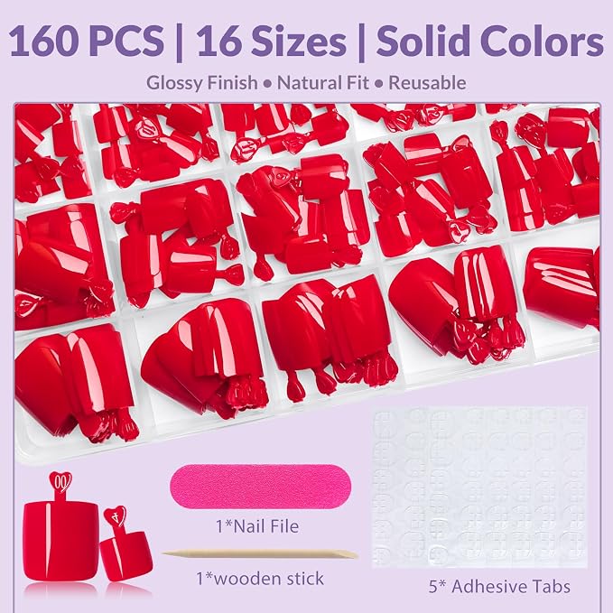 AddFavor 160pcs Red Press on Toenails for Women, Full Cover Fake Toe Nail Tips with Adhesive Tabs, Artificial Pedicure Toe Nail Press ons, Red False Toenail Press ons