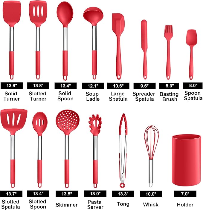 LIANYU 15-Piece Cooking Kitchen Utensils Set with Holder | Silicone Kitchen Tools Stainless Steel Handle, Slotted Spatula Spoon Turner Tong Whisk Brush for Cooking, Red