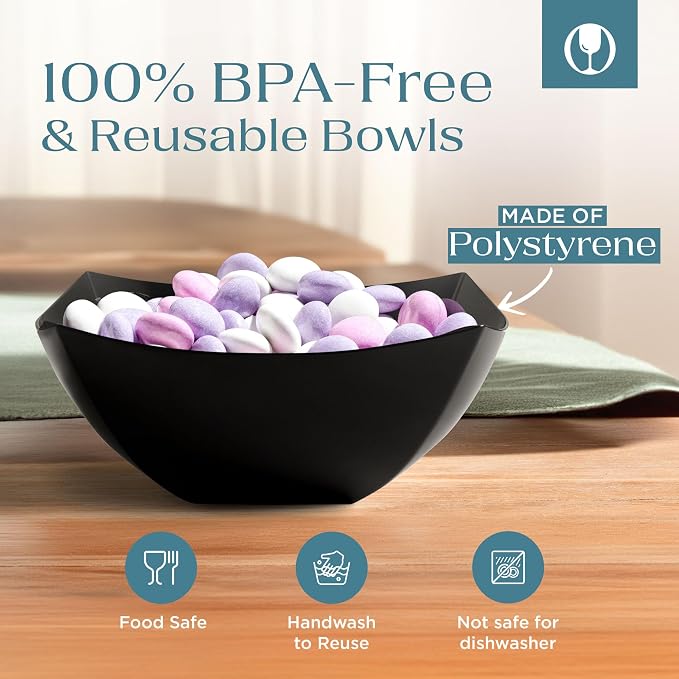 4 Pack Disposable Black Plastic Serving Bowls Square Party Candy Use 16oz | Square Design. Disposable Party Tableware. Salad, Fruit & Candy Use. Candy Buffet Containers. Black Plastic.