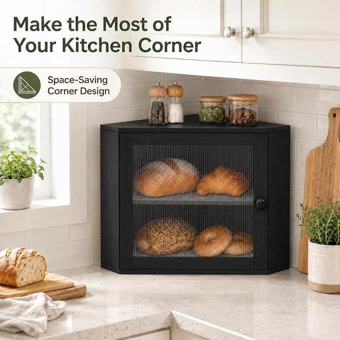 BAMBANG Corner Bread Box for Kitchen Countertop, Large Capacity Bamboo Wood Bread Storage Container, 2 Tier Farmhouse Breadbox with Fluted Acrylic Door for Bread, Homemade Bread and Snacks, Black