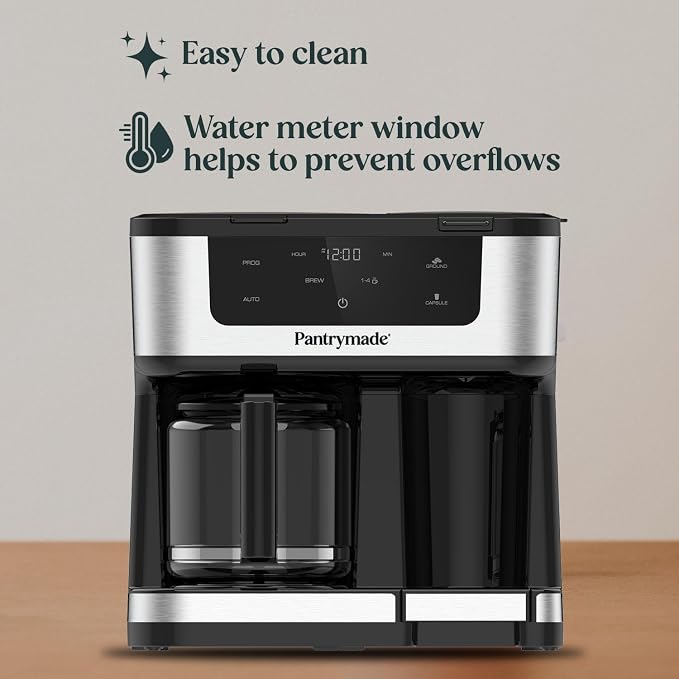 Pantrymade Dual Brew Coffee Maker, 12-Cup Drip & Single Serve K-Cup, Black | Brew a full 12-cup carafe or a single K-Cup pod with programmable touchscreen controls, auto shut-off and reusable filter.