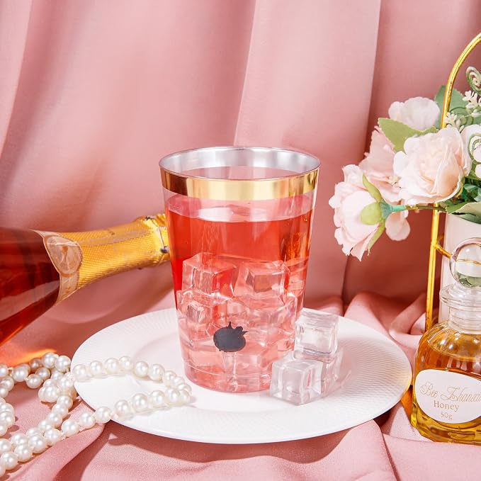 I00000 50 Pack 12 oz Gold Plastic Cups, Gold Rimmed Disposable Cups, Disposable Plastic Wine Glasses Cocktail Glasses Heavy Duty Cup with Golden Rim, 12 Ounce Tumblers for Party & Wedding