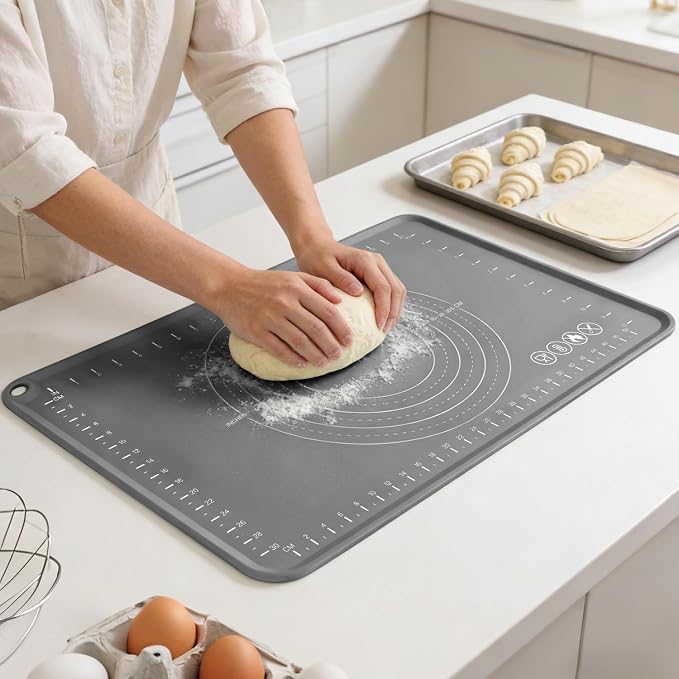 Silicone Pastry Mat 24" x 16" Baking Mat with Measurements and Edge Heightening, Thick Non-slip BPA Free Silicone Pad for Countertop Rolling Kneading Dough, Bread, Cookies,Pizza, Fondant,Dark Gray