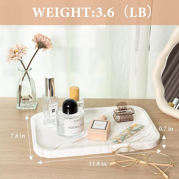 Karibiber Marble Vanity Tray, Marble Bathroom Tray Countertop, Decorative Trays for Dresser Organizer, White Stone Storage Serving Trays for Kitchen, Perfume, Jewelry Cathall Holder, Unique Veining