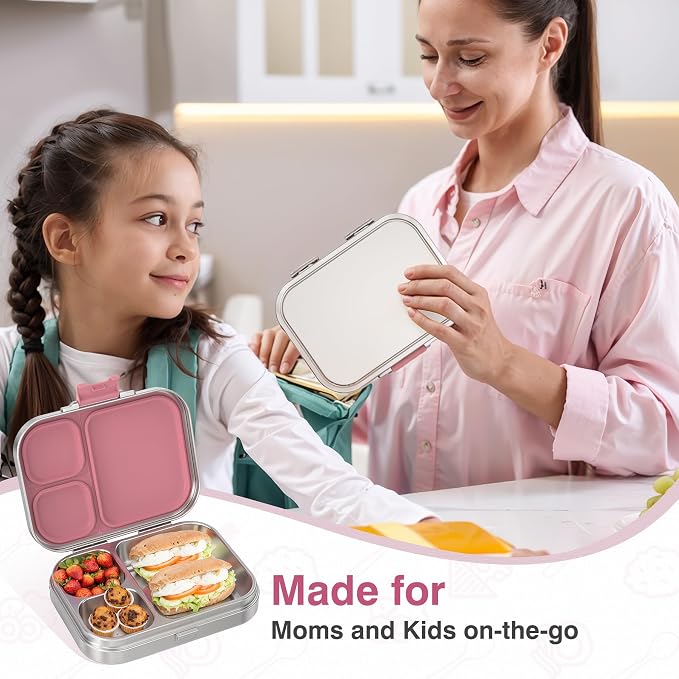 HOMEKOL Stainless Steel Bento Lunch Box 3 Compartments, 3.3 Cups, Pink | for Kids Adults, Leak-Proof Metal Container for Office School Picnic, BPA-Free, Dishwasher Safe, 800ml (Not Insulated)